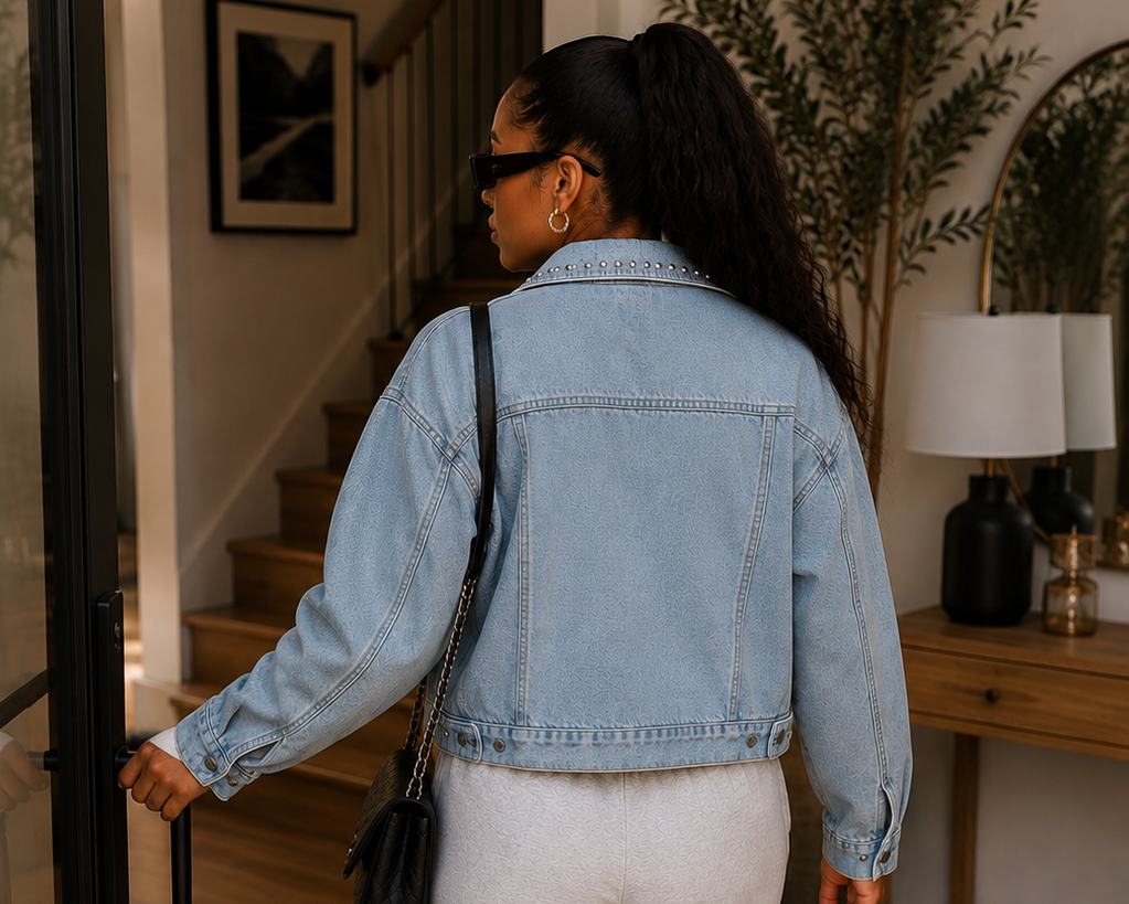 Light Wash Cropped Denim Jacket with Silver Studs – Women's Jean Jacket